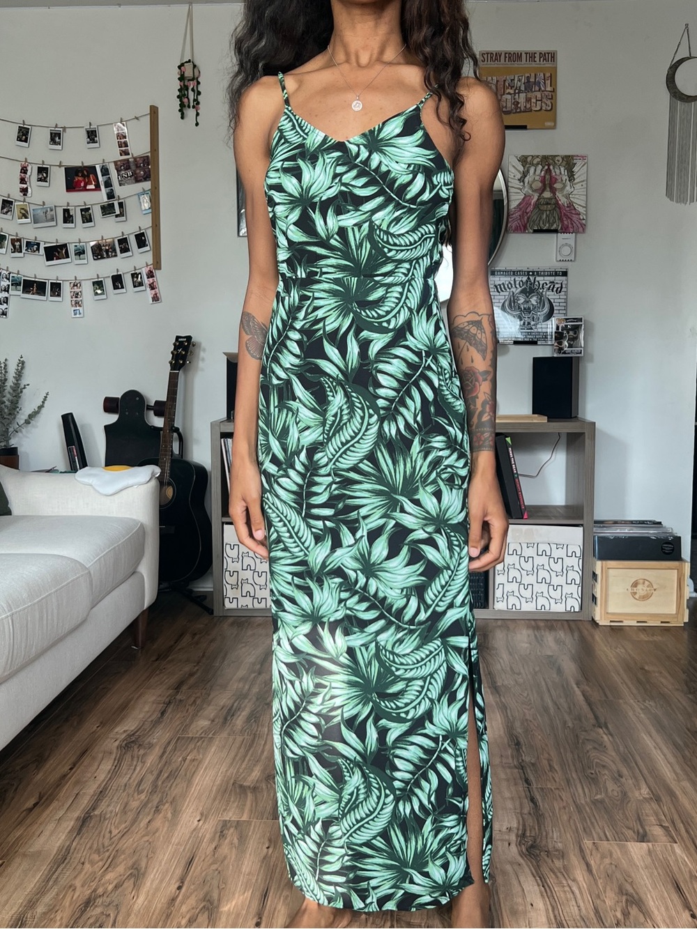 H&M Divided Green Leaf Print Maxi Dress